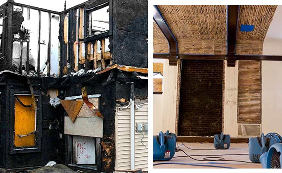 Fire damaged house and water damage restoration equipments collaged in the image