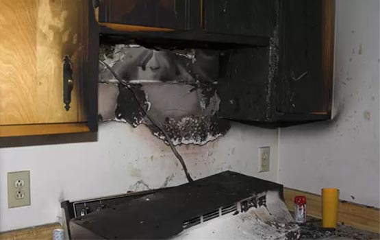 Fire damaged kitchen room